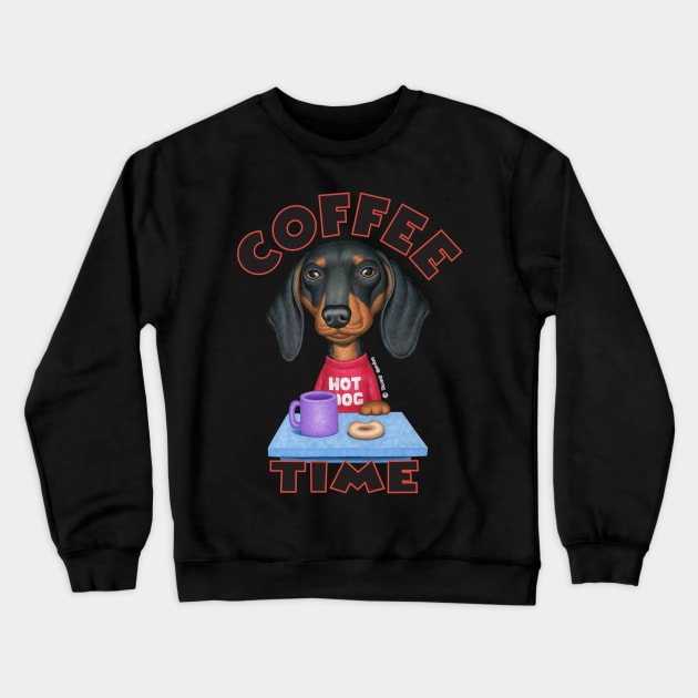 cute coffee awesome Doxie Black Dachshund Coffee Drinker Crewneck Sweatshirt by Danny Gordon Art